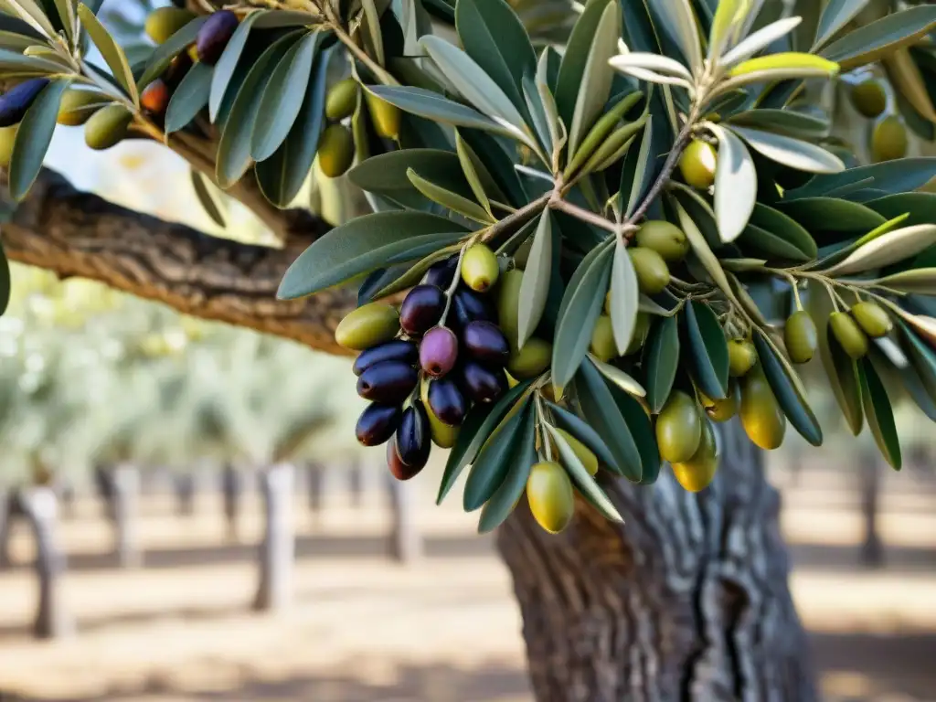 Un oasis italiano de aceite de oliva: un árbol de olivo exuberante con aceitunas maduras bajo el sol mediterráneo