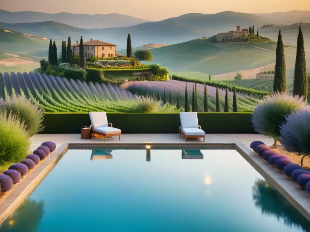 Un oasis de lujo entre viñedos en Toscana: spa con piscina al atardecer