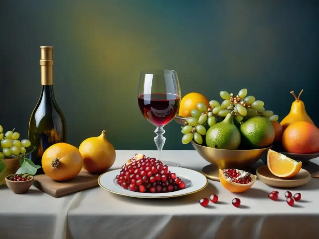 Obra detallada de arte renacentista italiano con significado en comida, banquete lujoso y simbolismo en frutas y vino dorado