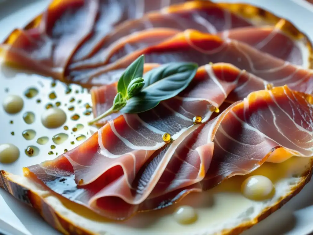 Una obra maestra artesanal de técnicas de curado y ahumado italiano: detallado prosciutto crudo con patrones marmolados y tonos de rosa y marfil