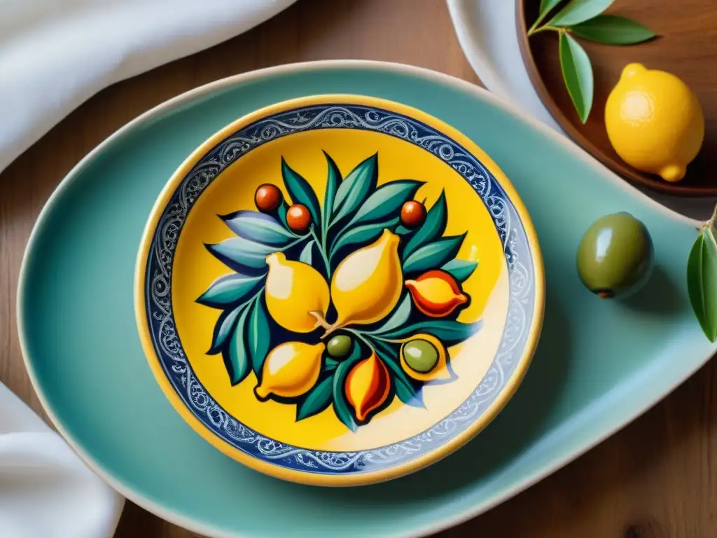 Una obra maestra de la Cerámica de Caltagirone en cocina italiana: plato pintado a mano con motivos sicilianos de limones y aceitunas, en colores vibrantes sobre mesa rústica