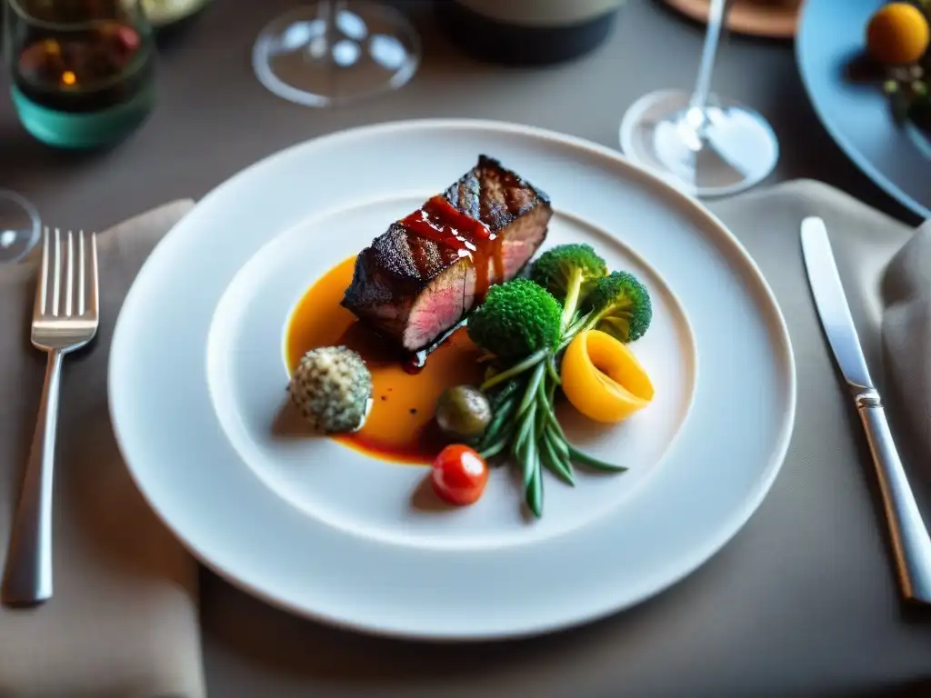 Una obra maestra culinaria en un restaurante italiano elegante, con colores vibrantes y texturas exquisitas