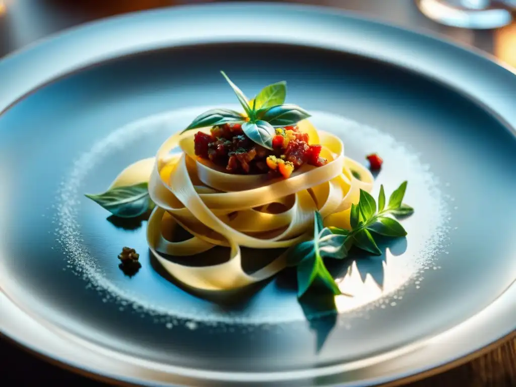 Obra maestra culinaria en restaurante italiano: pasta casera con hierbas frescas, tomates secos y queso Parmesano