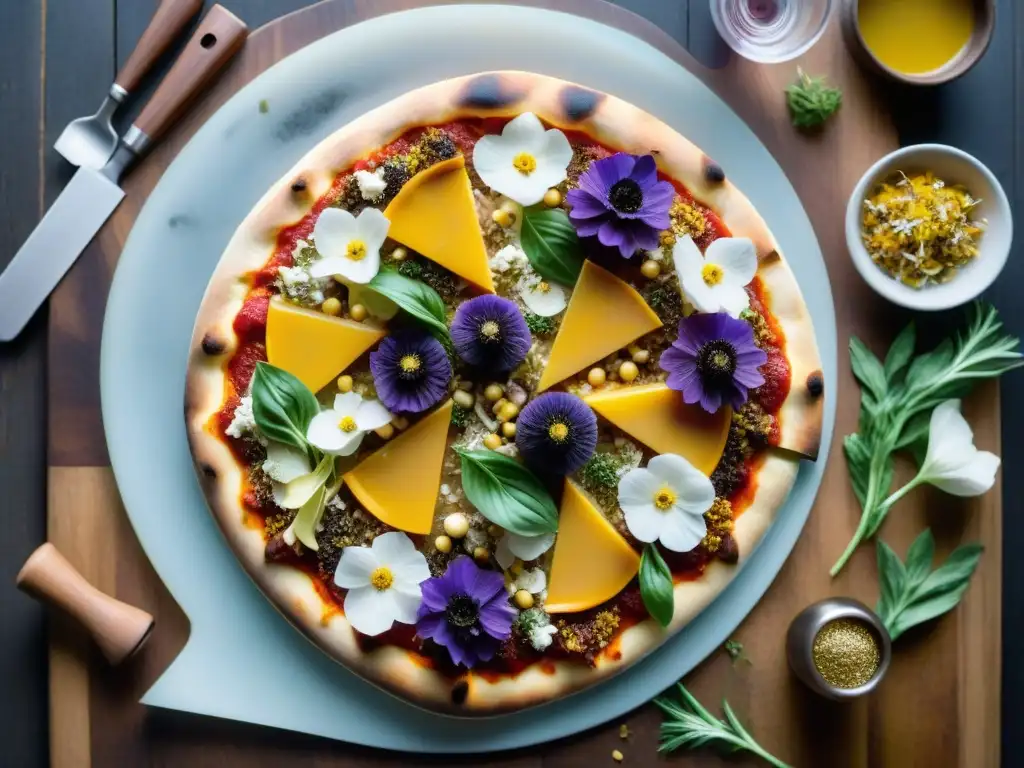 Una obra maestra de la fusión gastronómica: pizza con sabores inusuales, presentada con elegancia y creatividad