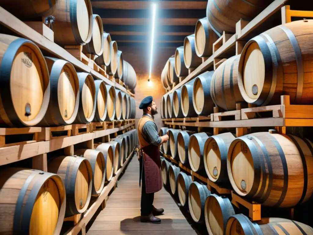 Un obrero italiano inspecciona barriles de mosto de uva fermentando, en una bodega antigua