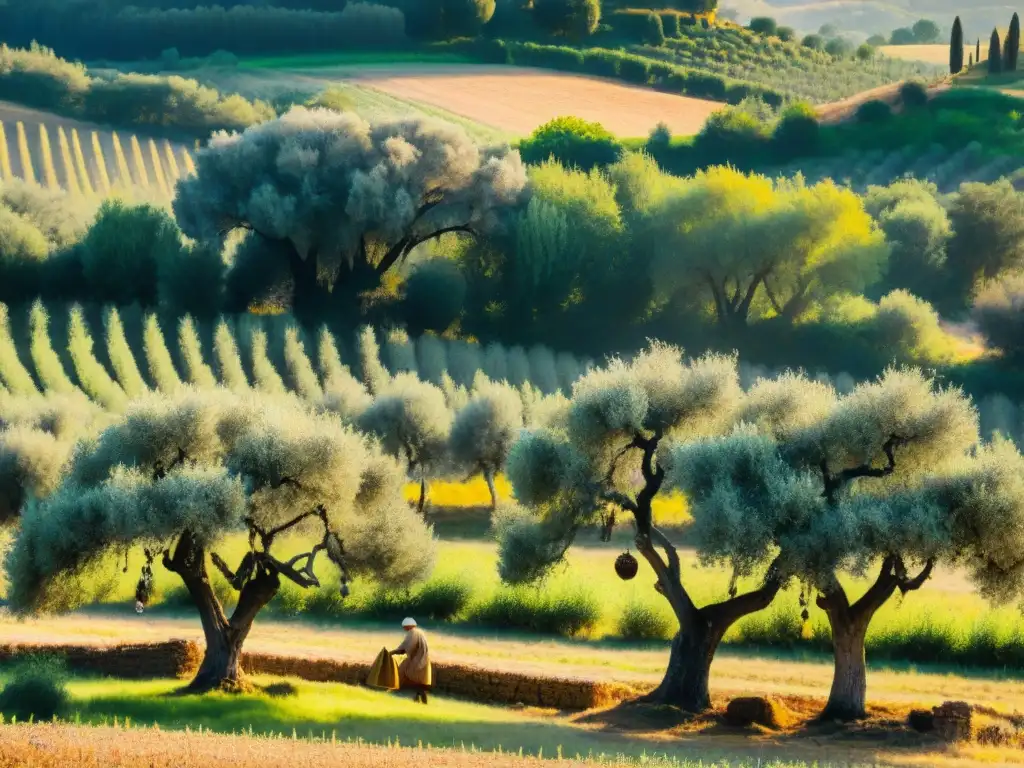 Un olivar ancestral en la Toscana con agricultores cosechando olivas al atardecer