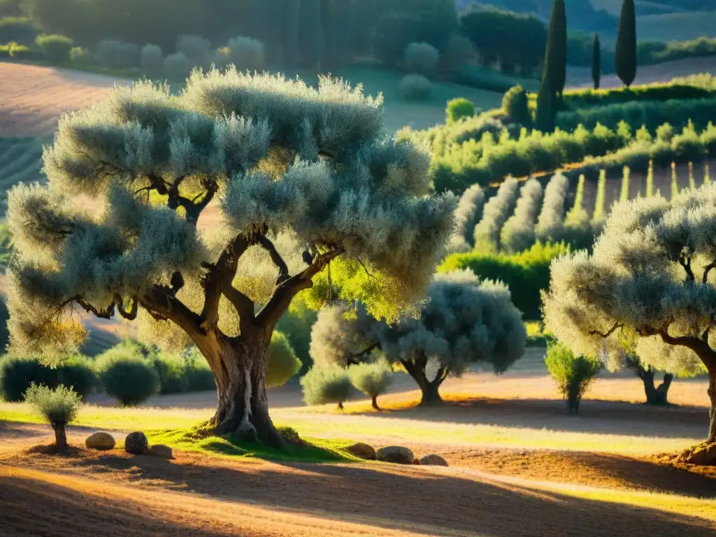 Un olivar ancestral en la Toscana al atardecer, con olivos cargados de aceitunas listas para cosechar