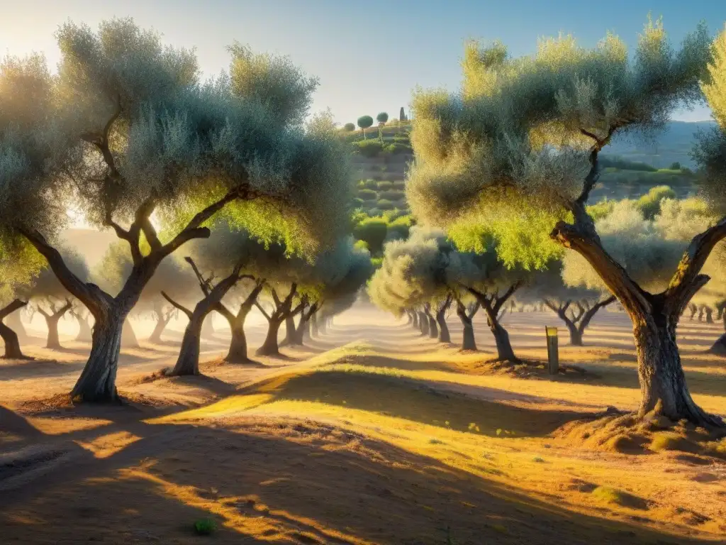 Un olivar al amanecer, con árboles centenarios cargados de aceitunas maduras bajo el sol matutino