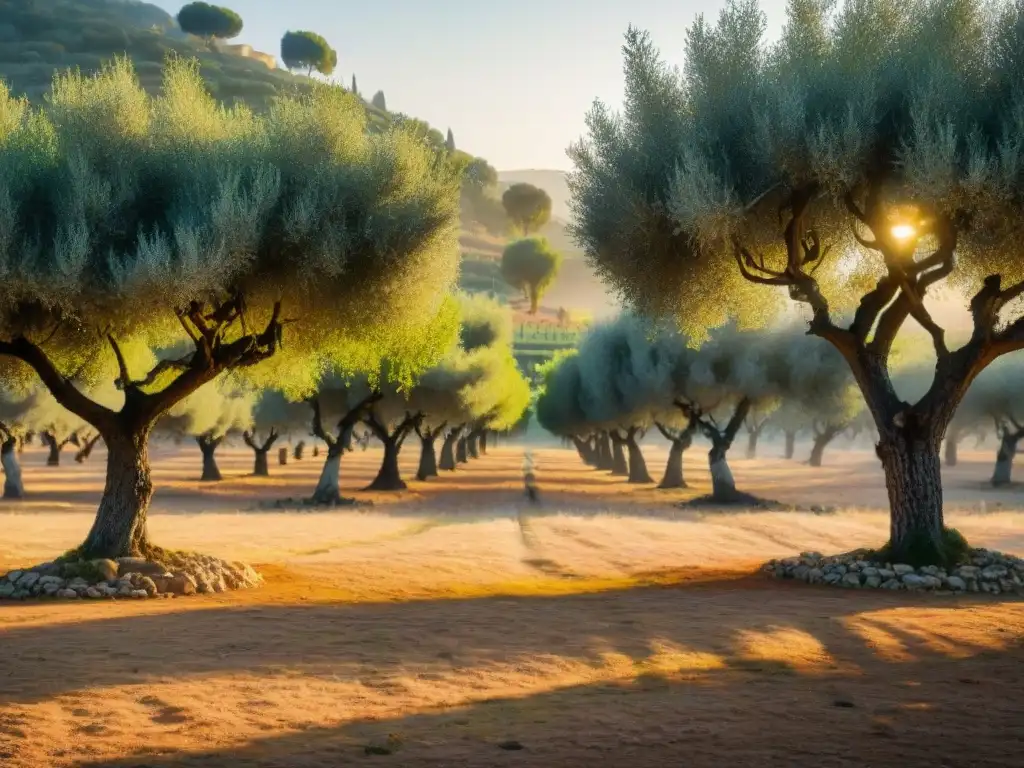 Olivar bañado en luz dorada, árboles cargados de aceitunas maduras y casa de piedra mediterránea