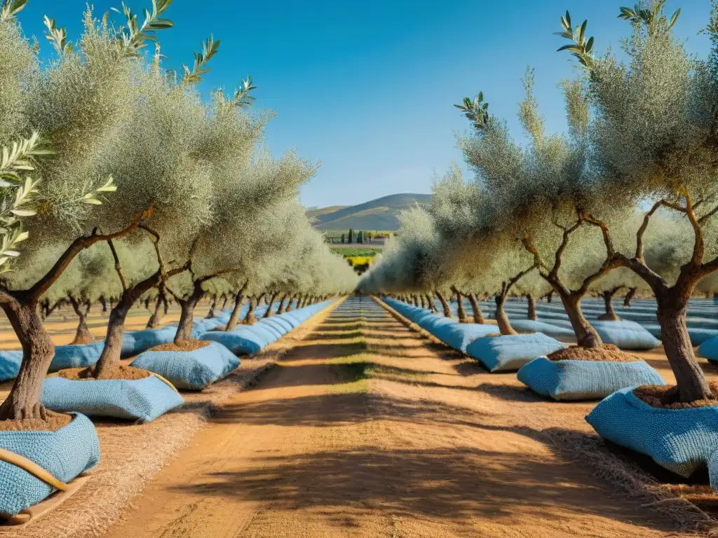 Un olivar bañado por el sol en España, donde agricultores recogen aceitunas a mano con certificaciones aceite oliva premium