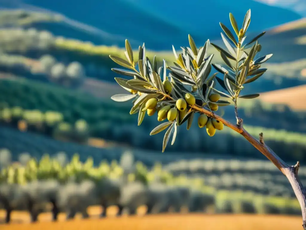 Un olivar bañado por el sol, con olivos cargados de aceitunas y colinas verdes bajo un cielo azul