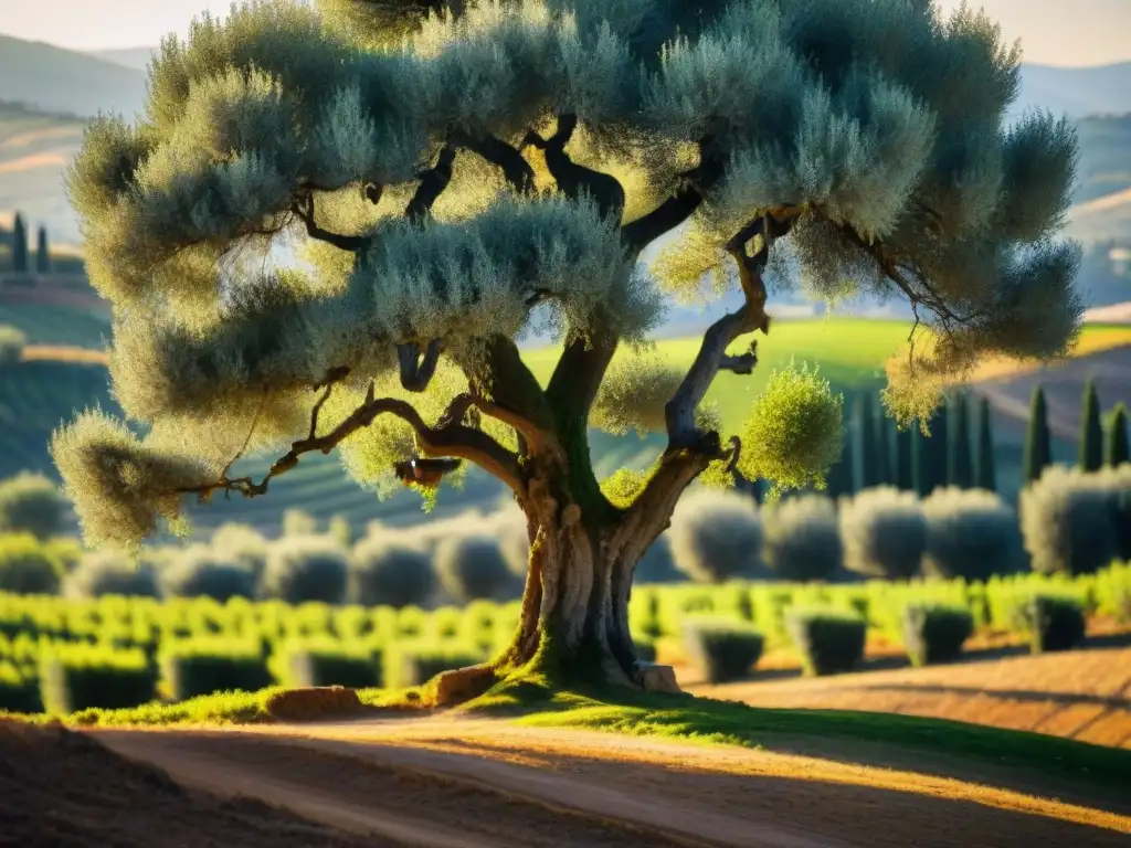 Un olivar bañado por el sol en la Toscana, Italia, con olivos cargados de aceitunas maduras