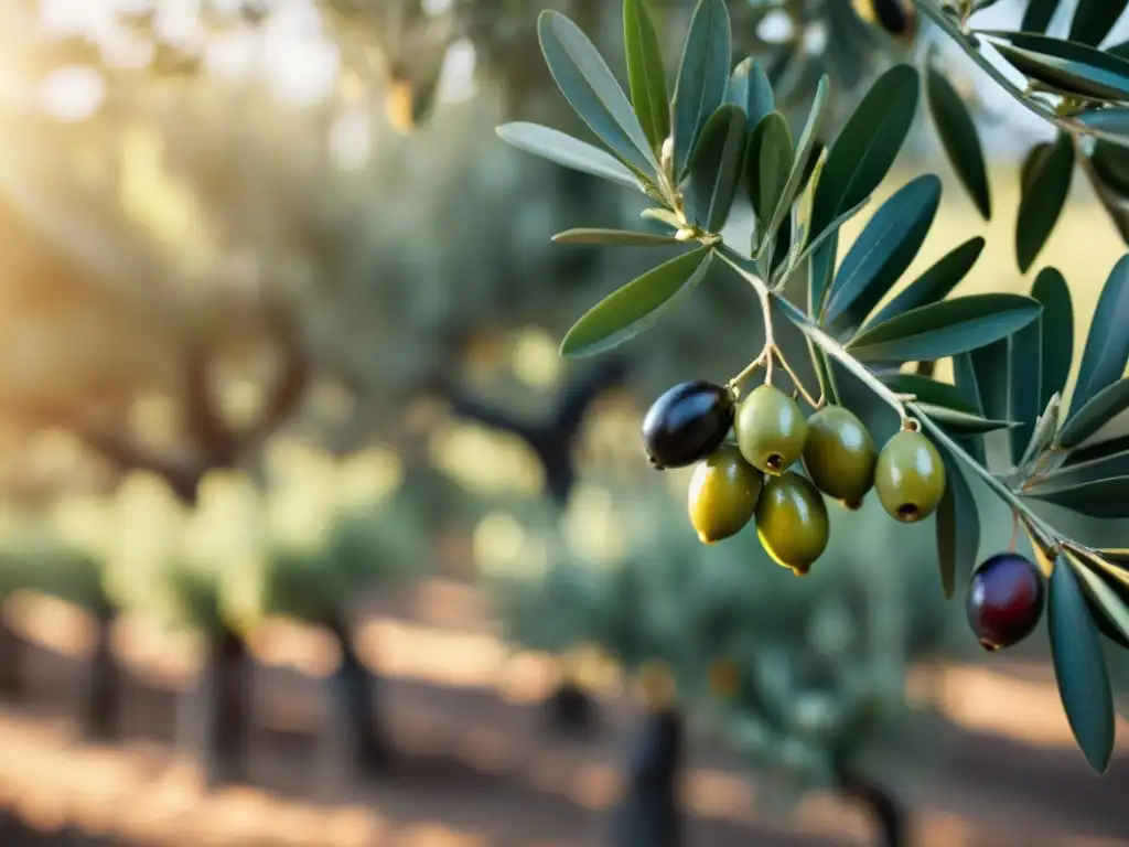 Un olivar exuberante al atardecer, detalle de hojas verdes y aceitunas maduras