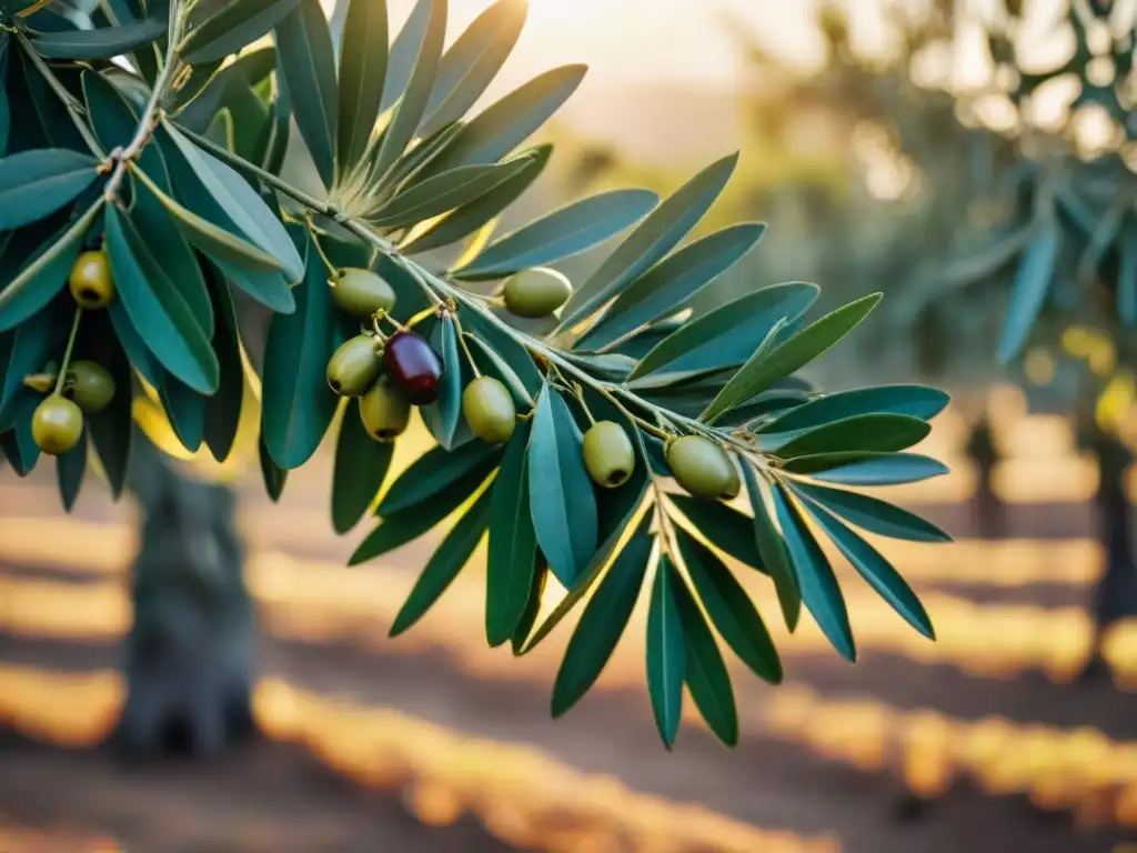 Un olivar exuberante al atardecer, con hojas verdes vibrantes y aceitunas maduras