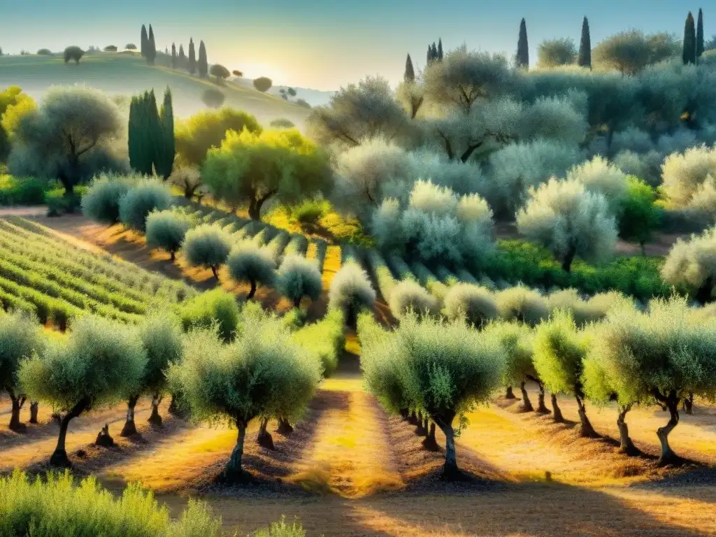 Olivar vibrante al amanecer: abundancia y serenidad Un olivar exuberante al amanecer, con olivos cargados de frutos maduros bajo la cálida luz dorada