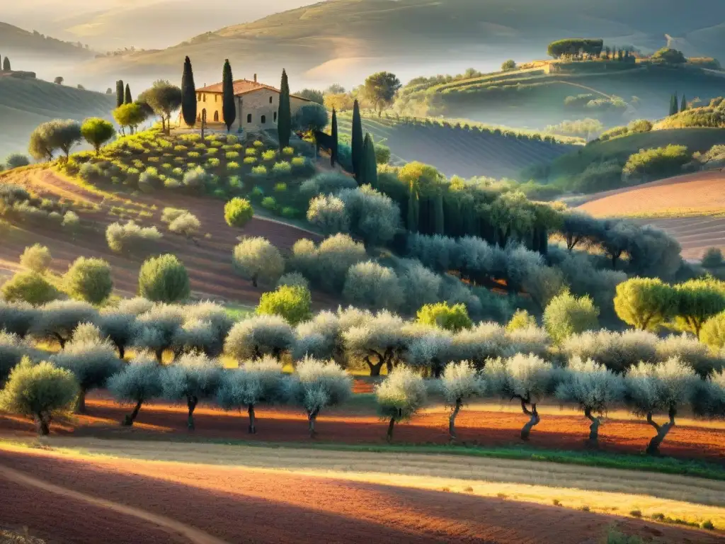 Un olivar italiano al amanecer, con árboles centenarios bañados por la luz dorada del alba