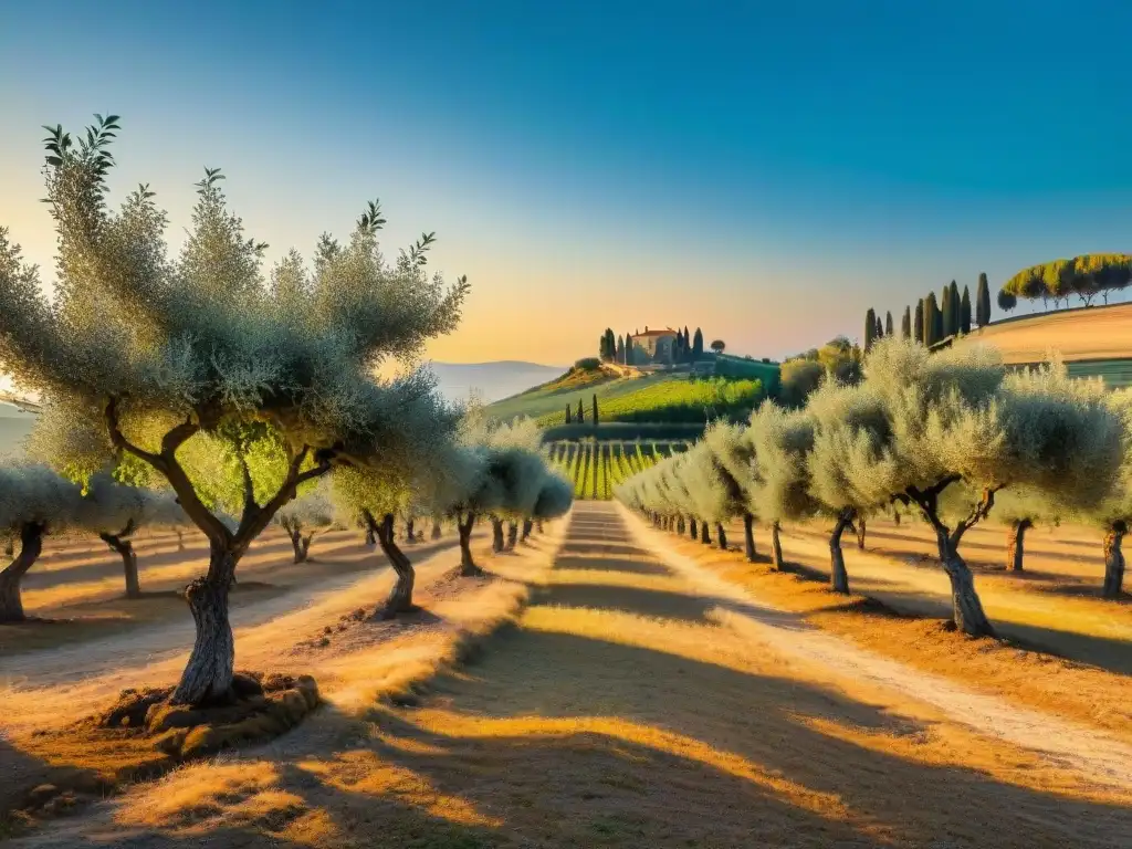 Un olivar italiano al atardecer, listo para la cosecha