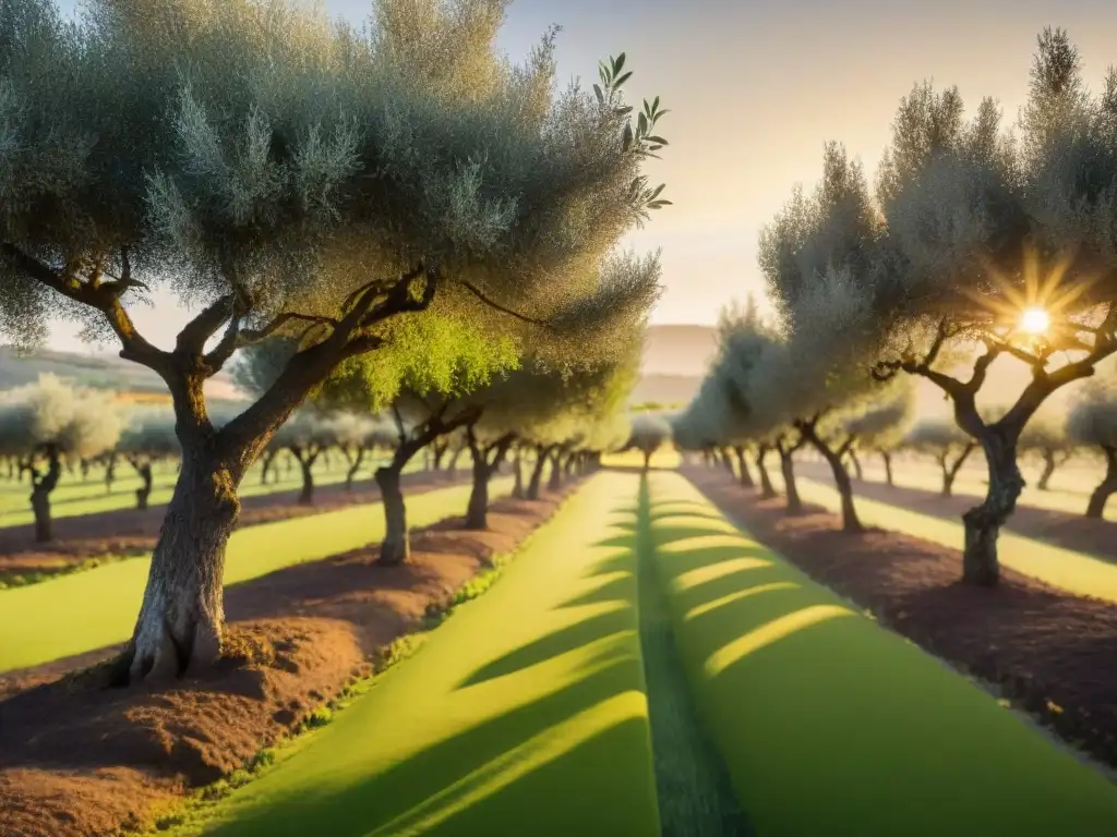 Un olivar italiano al atardecer, con el sol dorado iluminando los árboles verdes