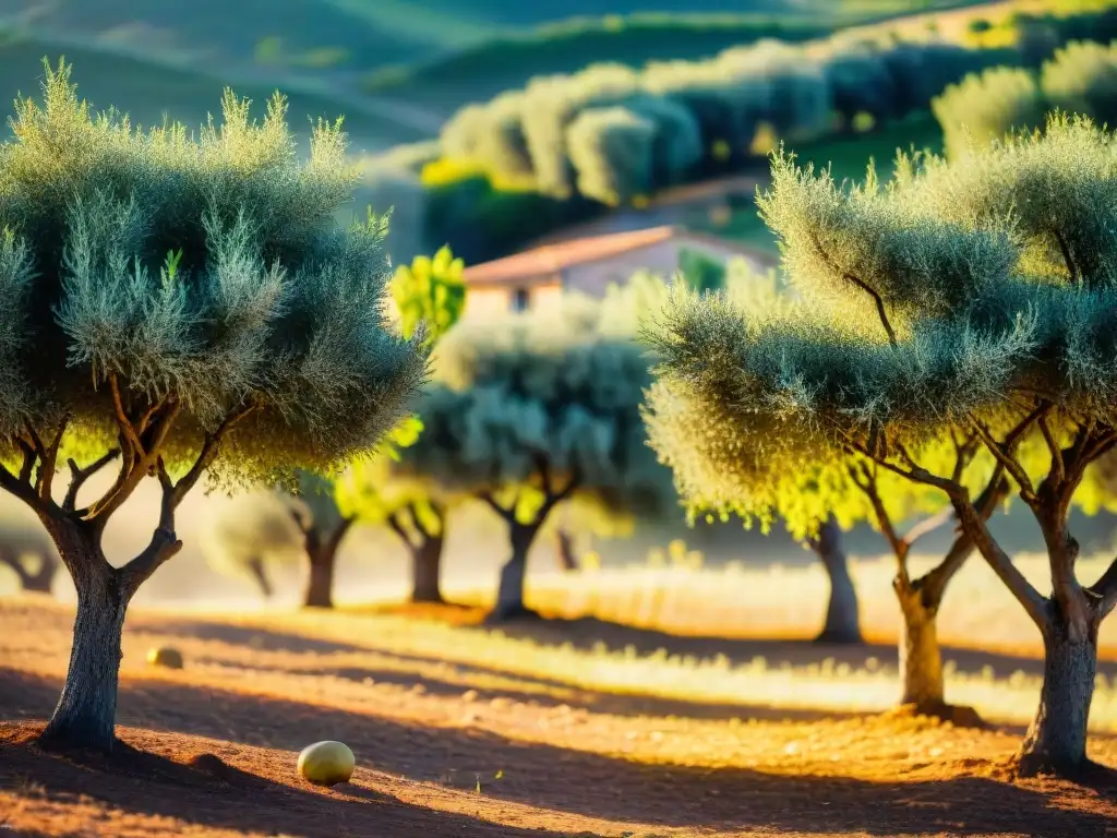 Olivar italiano con hojas verdes vibrantes y olivas maduras bajo la cálida luz dorada de la tarde