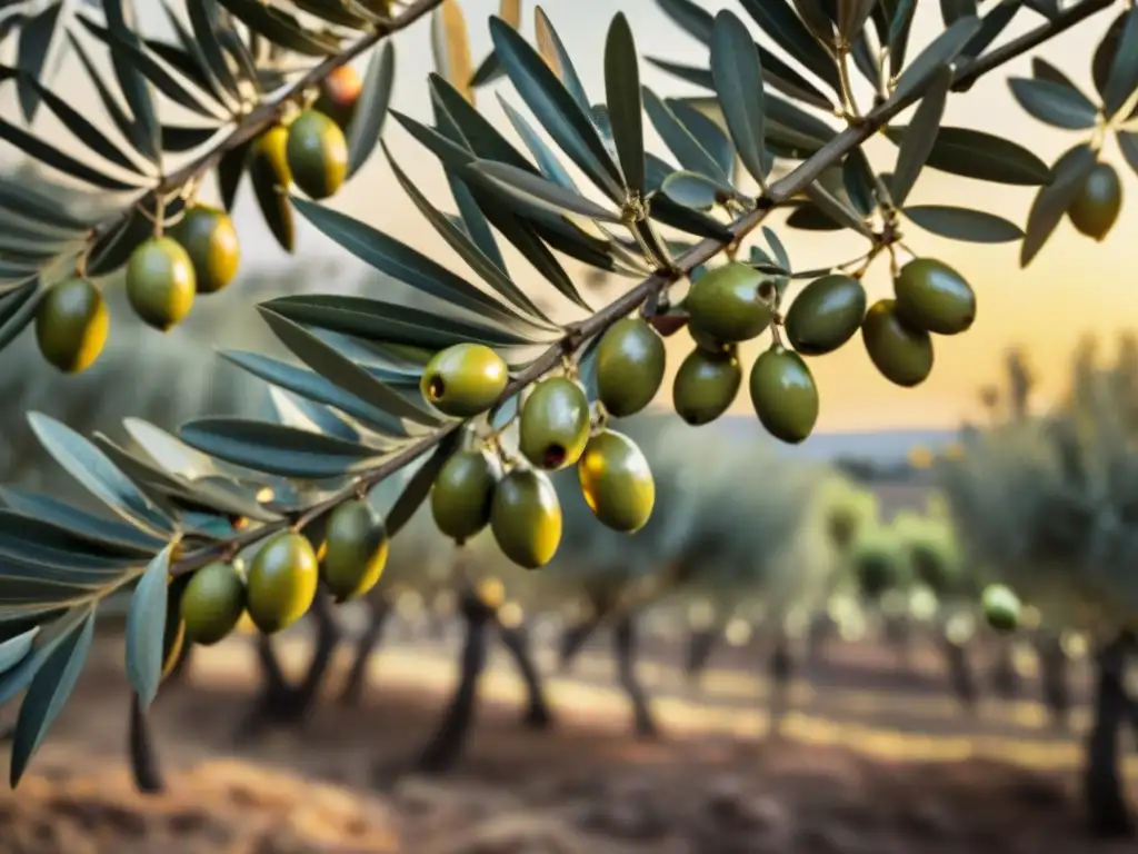 Un olivar mediterráneo al atardecer, con olivos cargados de aceitunas