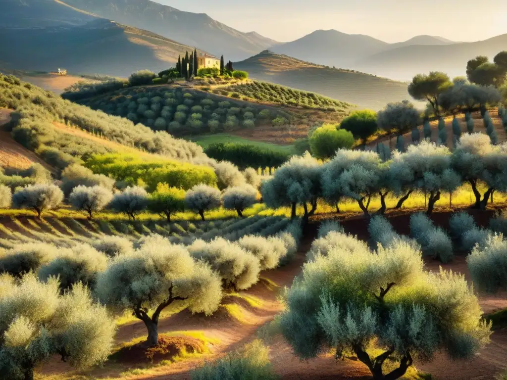 Un olivar mediterráneo al atardecer, con olivos cargados de aceitunas maduras bajo la cálida luz dorada