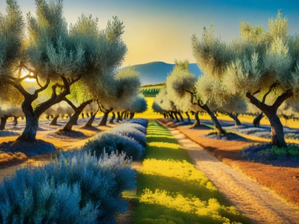 Un olivar pintoresco bañado por la luz dorada del sol, con olivos cargados de aceitunas brillantes