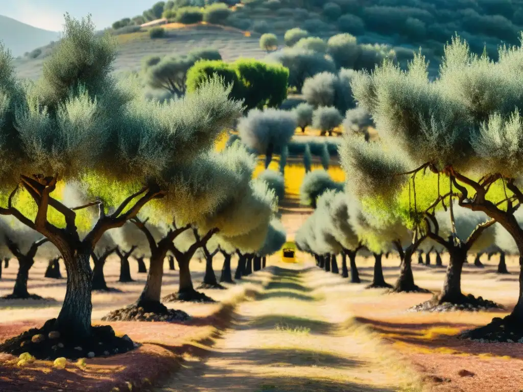 Un olivar soleado en el campo mediterráneo con árboles de olivo cargados de fruta madura