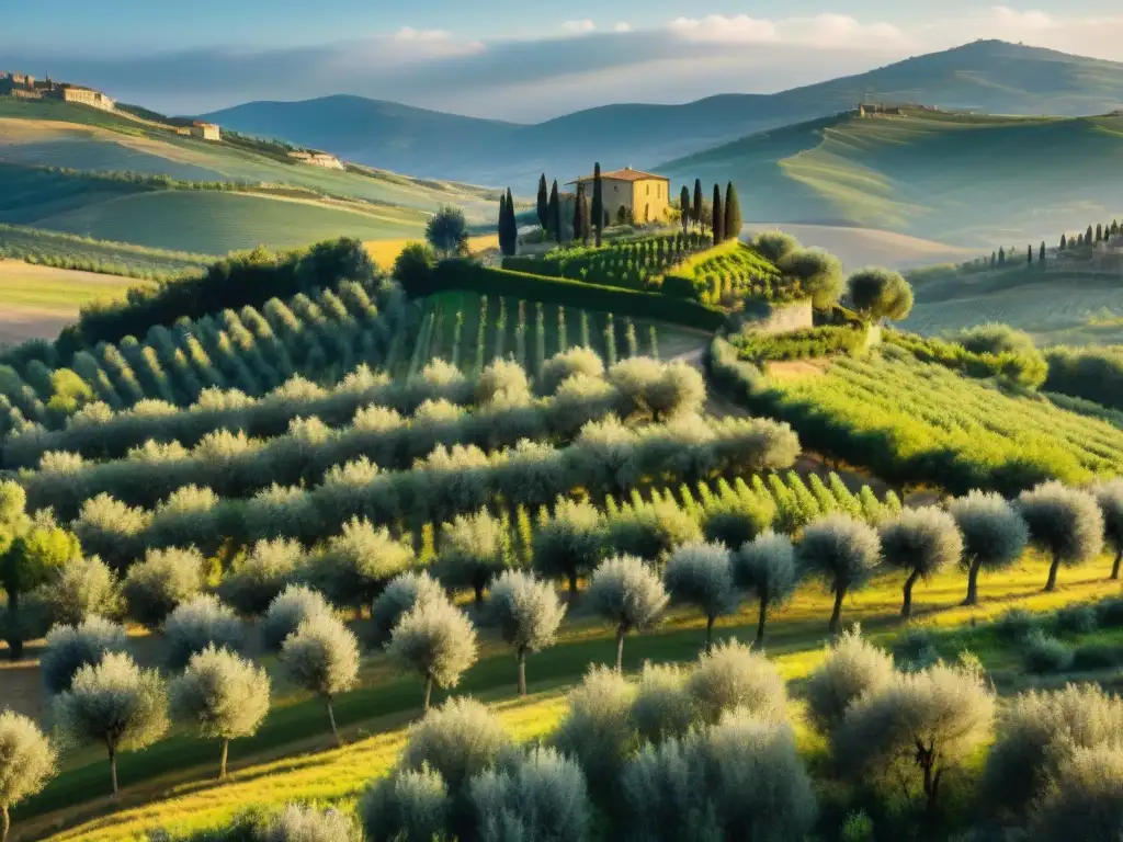 Olivar en Toscana al atardecer, con certificaciones aceite oliva premium