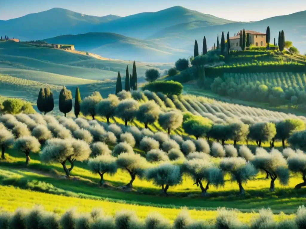 Un olivar en la Toscana al amanecer, con olivos cargados de aceitunas y paisaje sereno