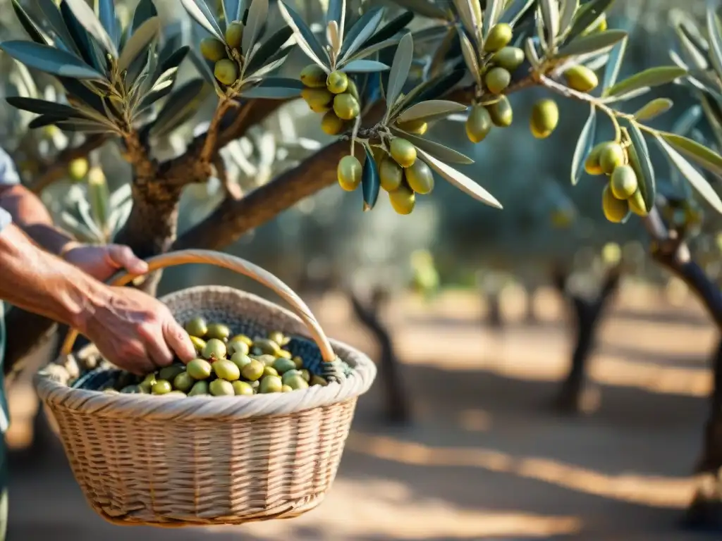 Un olivar vibrante bañado por el sol mediterráneo, con aceitunas maduras y un agricultor cosechándolas con cuidado