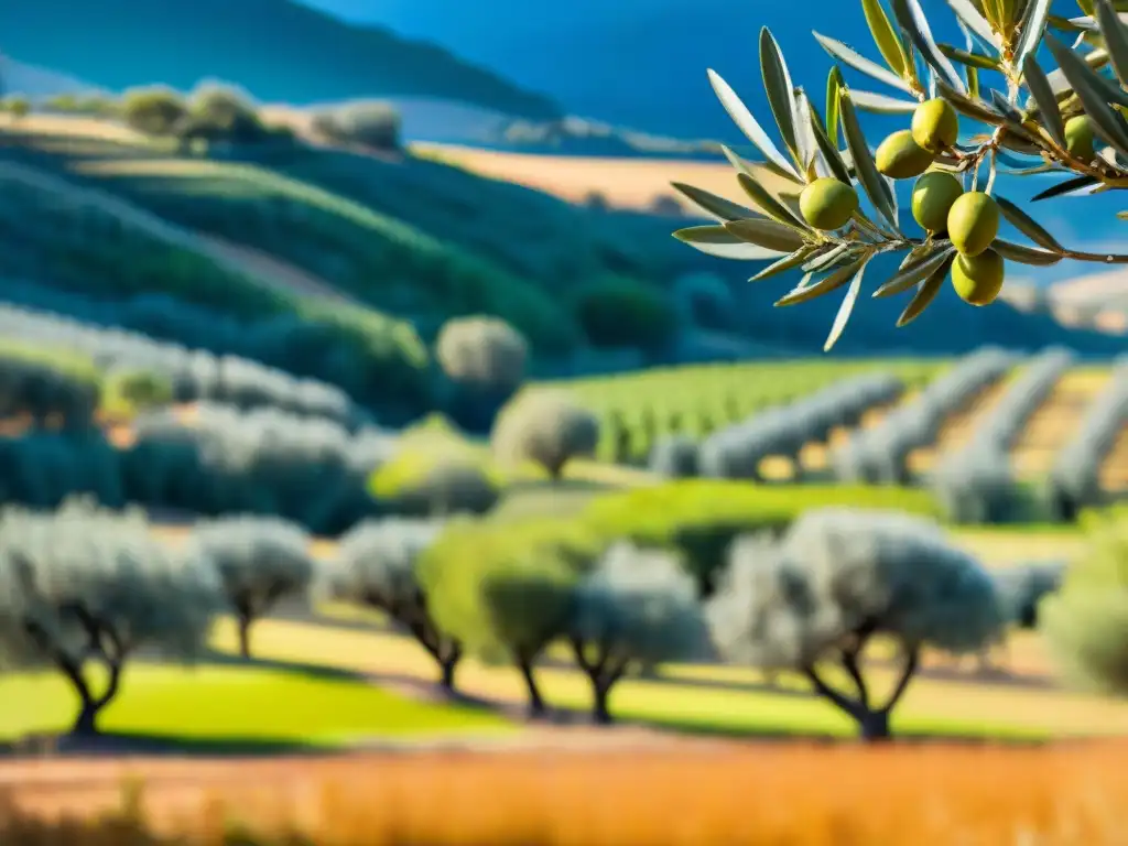 Un olivar vibrante bajo el sol mediterráneo, con aceitunas brillantes colgando de las ramas y un cielo azul