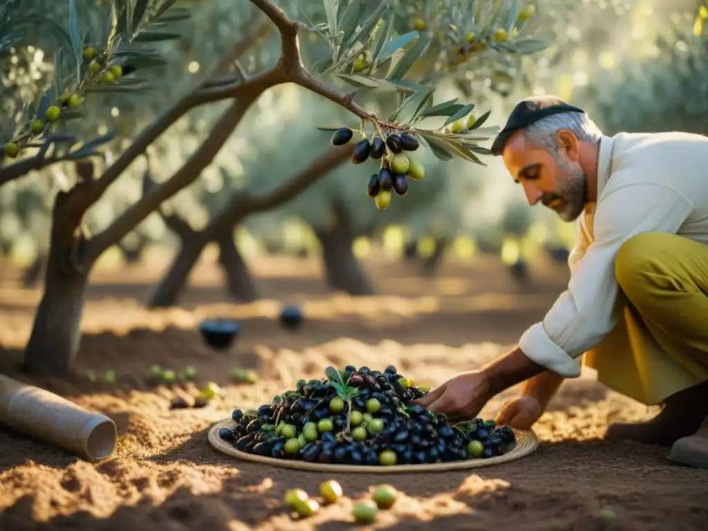 Recolección manual de olivas en un campo italiano bañado por el sol con trabajadores expertos