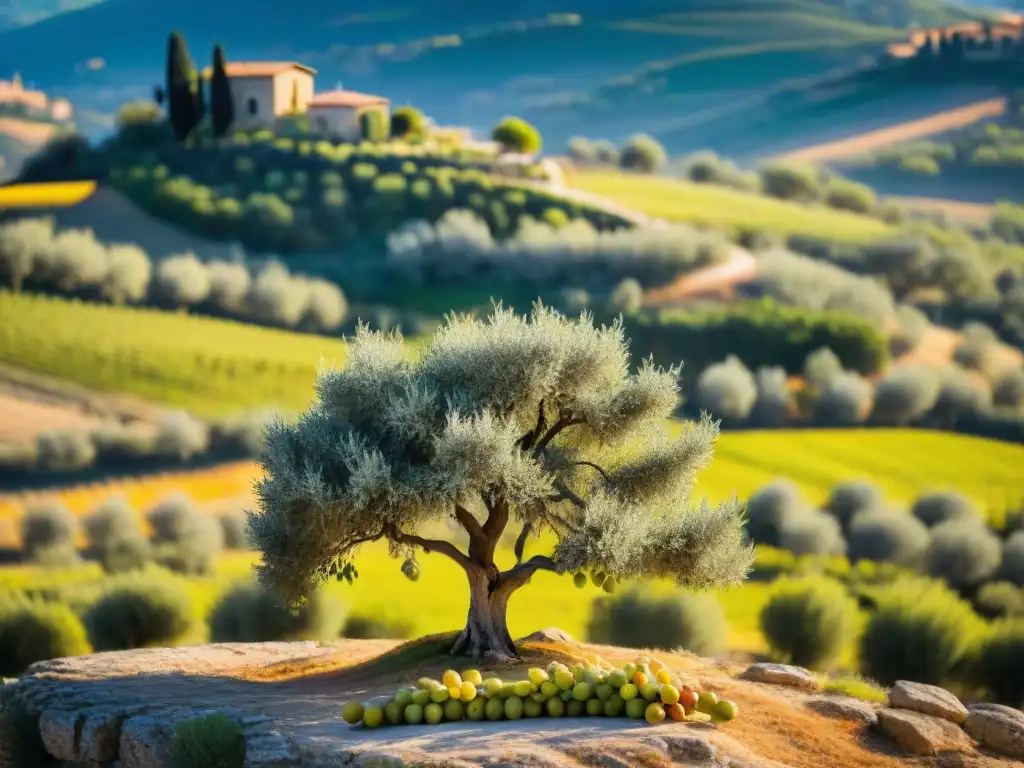 Un olivo bañado por el sol en el campo italiano, cargado de aceitunas verdes