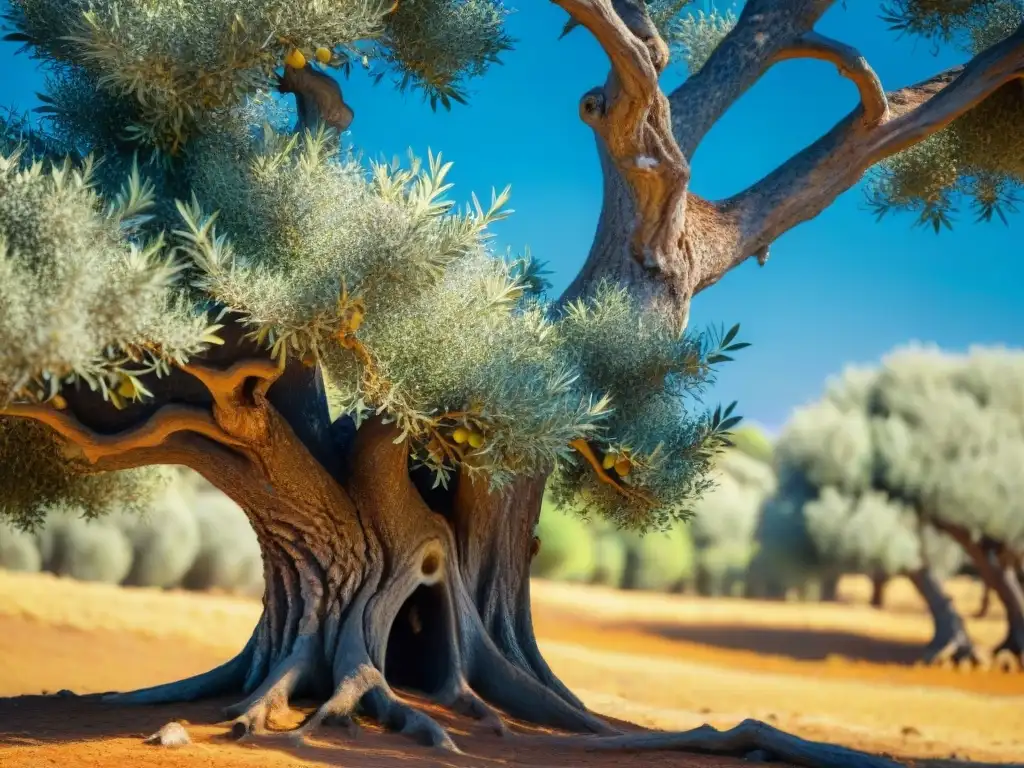 Un olivo envejecido bañado por el sol, con hojas brillantes y aceitunas maduras colgando en racimos, en un campo mediterráneo