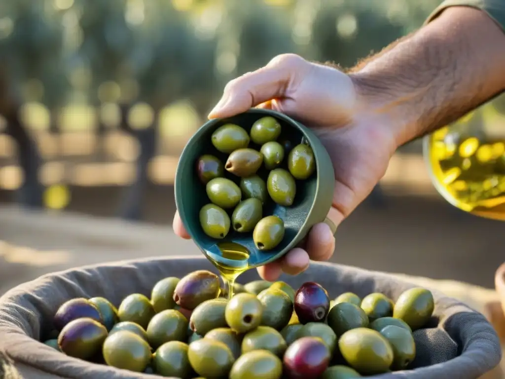 Extracción de aceite de oliva en Toscana: pureza y tradición Un olivo verde recién cosechado se prensa para crear aceite de oliva virgen extra, con gotas brillantes bajo el sol en un olivar de la Toscana, Italia