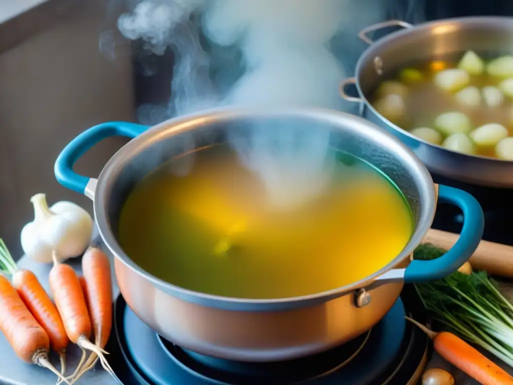 Una olla de brodo italiano tradicional en ebullición, con colores vibrantes y aromas reconfortantes