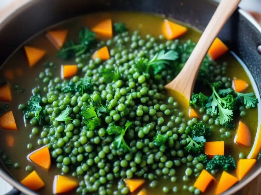 Una olla burbujeante de estofado de lentejas Castelluccio con zanahorias y apio, realzando el proceso de cocina italiano y el hogar acogedor