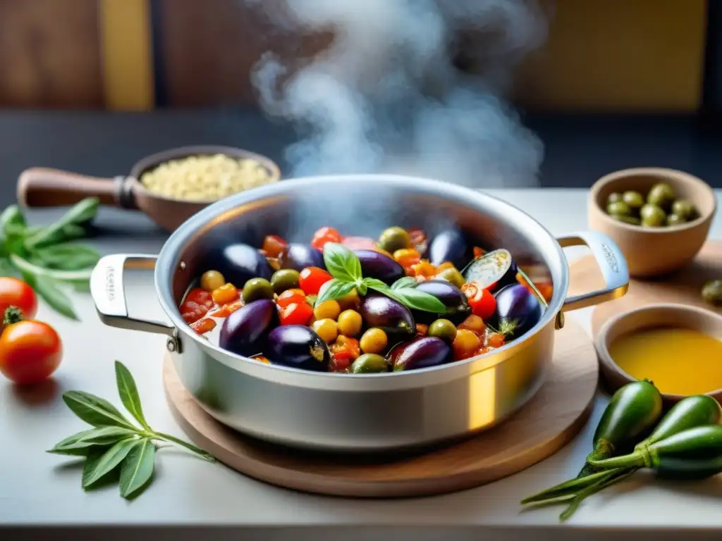 Una olla burbujeante llena de caponata siciliana vegetariana en una cocina rústica