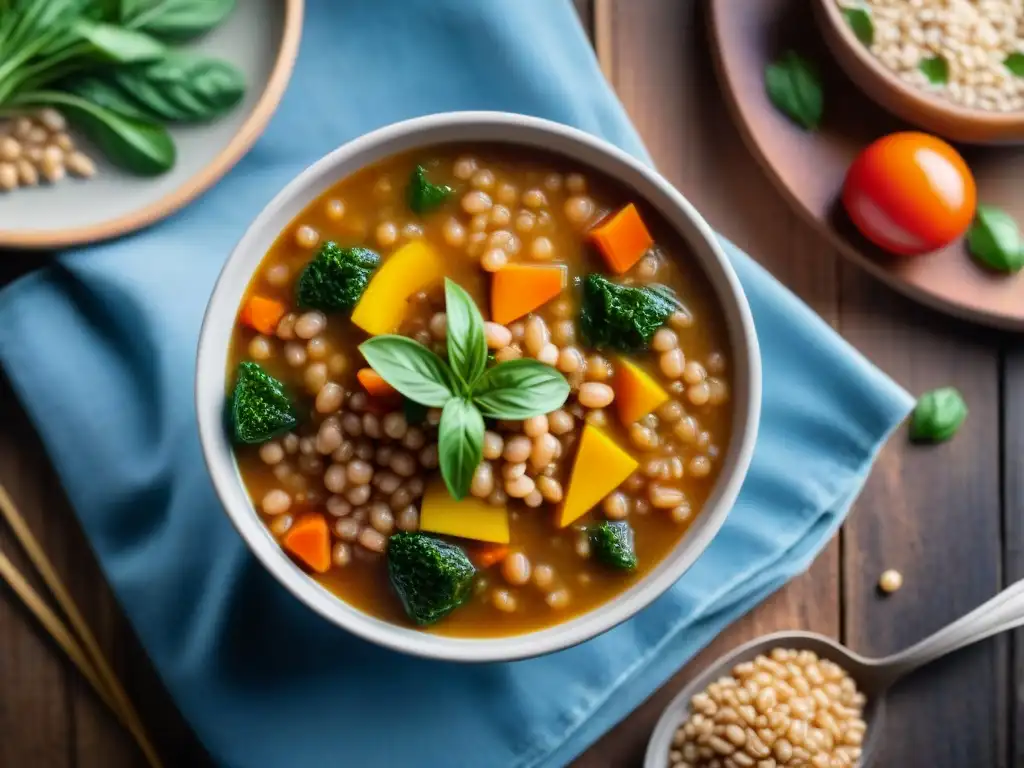 Una olla burbujeante llena de colorida sopa de verduras y farro, vapor ascendente, en una cocina italiana rústica