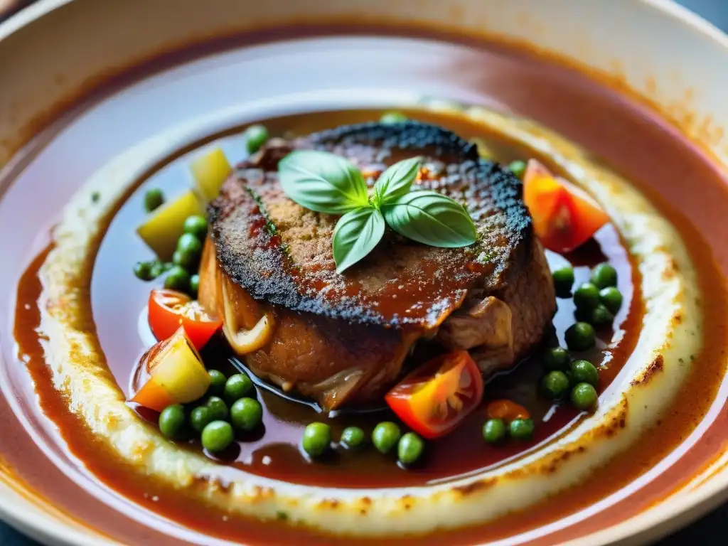 Una olla burbujeante de osso buco a la milanesa, con suaves trozos de ternera, verduras aromáticas y salsa de tomate, todo cocinando lentamente