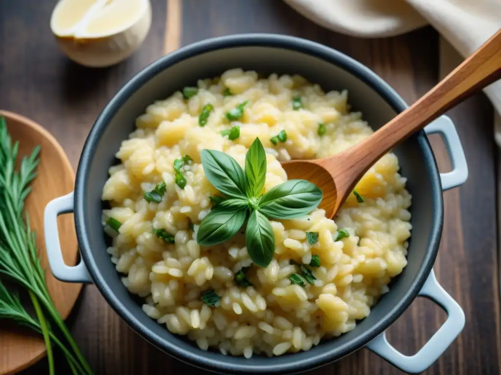 Una olla burbujeante de risotto cremoso con colores vibrantes, hierbas frescas y queso Parmesano