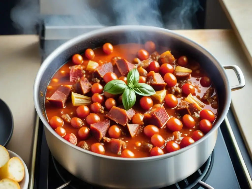 Una olla burbujeante de salsa amatriciana auténtica en la estufa, resaltando su color rojo vibrante y los ingredientes frescos