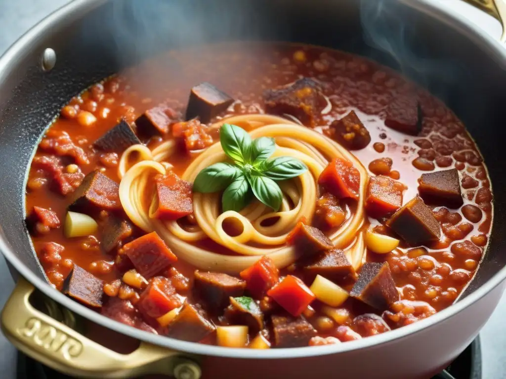 Una olla burbujeante de Salsa Amatriciana auténtica receta tradicional, con tomate, panceta y queso pecorino, evocando calidez y sabor italiano