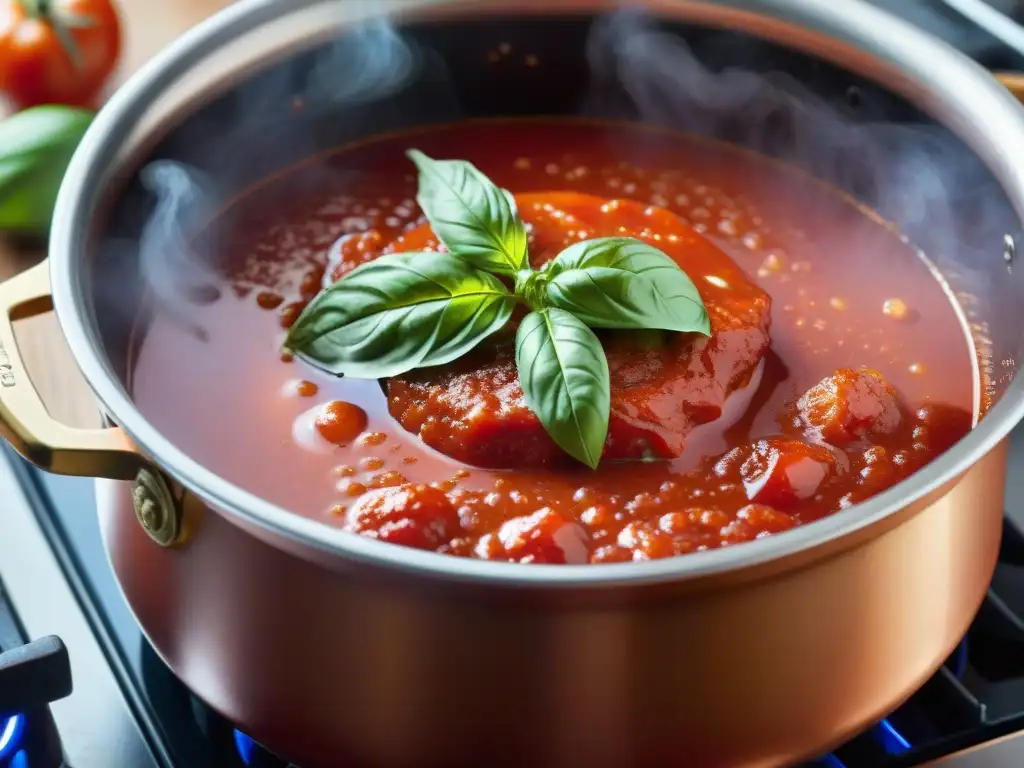 Una olla burbujeante con salsa de tomate rica, albahaca fresca y vapor