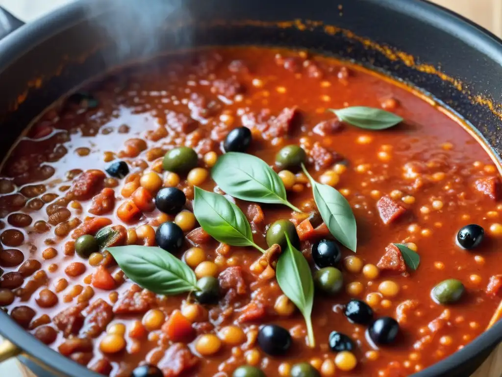 Una olla burbujeante con salsa de tomate espesa y fragante