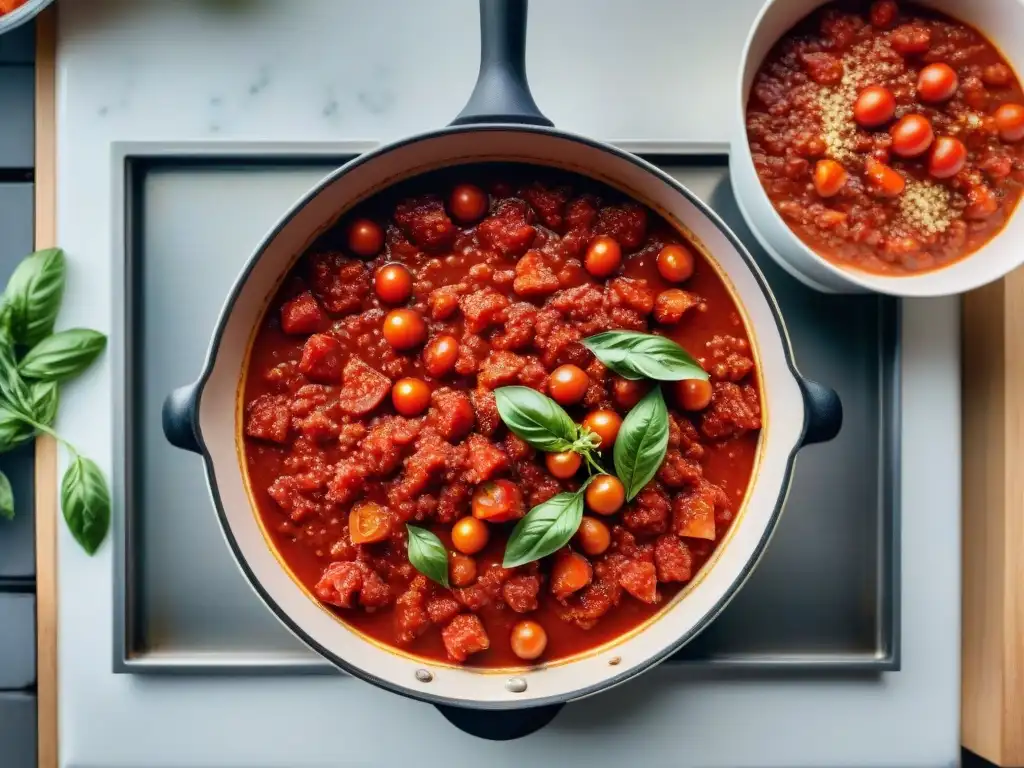 Una olla burbujeante con salsa de tomate casera, tomate, albahaca y ajo, evocando la calidez de la cocina italiana