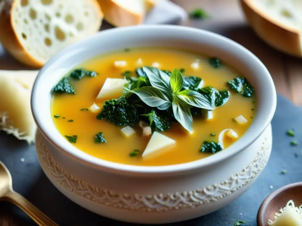 Una olla burbujeante de Sopa de ajo italiano tradicional, con vapor aromático y trozos de pan rústico