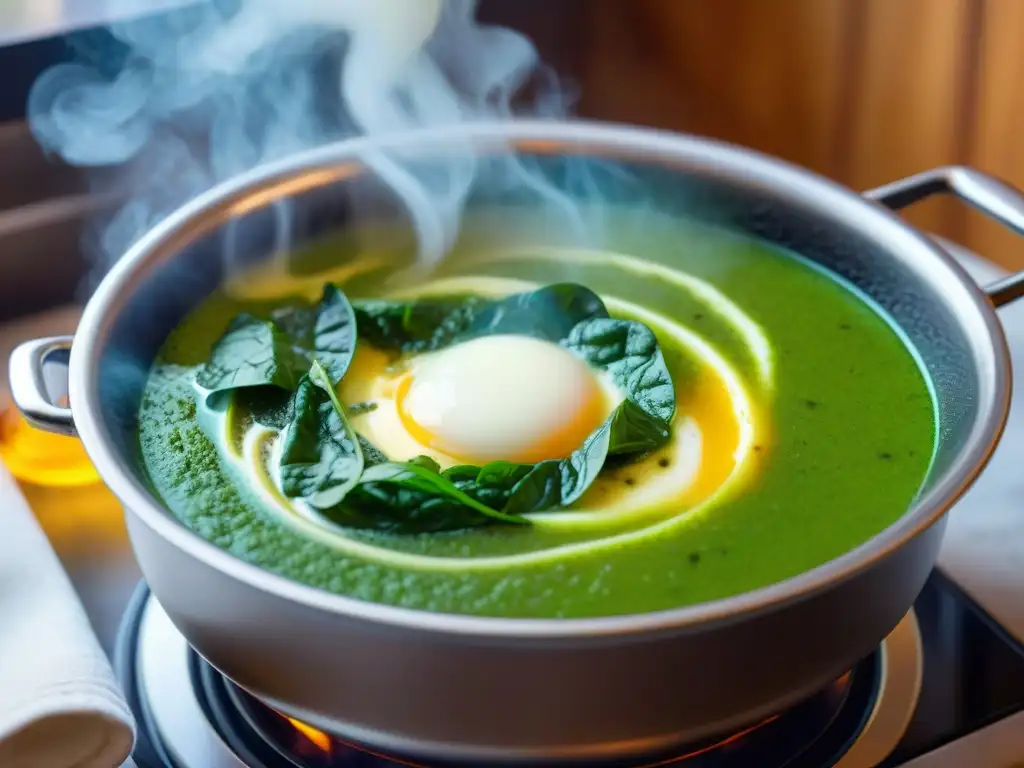 Una olla burbujeante de Sopa Stracciatella italiana en una cocina tradicional, con huevos, queso parmesano y espinacas frescas flotando en su interior