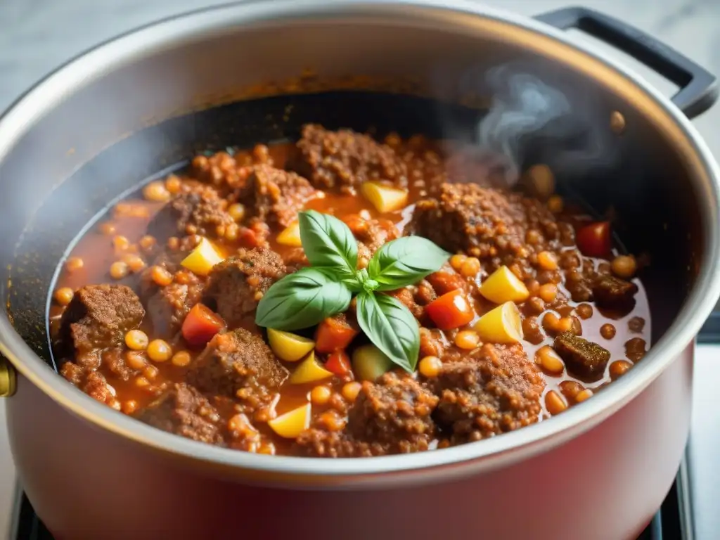 Una olla burbujeante con salsa boloñesa tradicional evolucionada, lista para saborear