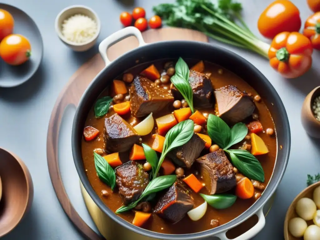 Una olla burbujeante de Osso Buco tradicional, con tiernos jarretes rodeados de verduras y salsa de tomate